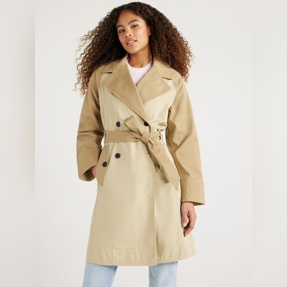 FREE ASSEMBLY Light Khaki Two-Tone Double Breasted Trench Coat - Size S - NWT